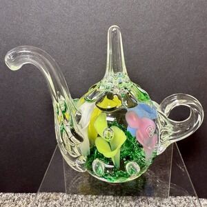 Joe Rice Art Glass Paperweight/Ring Holder With Multicolored Trumpet Flowers